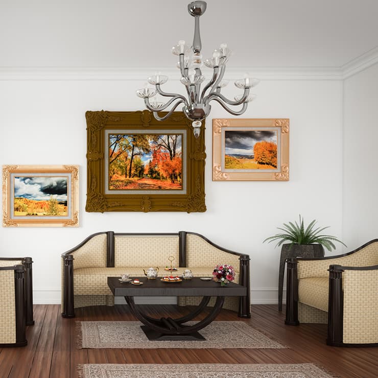 A living room with a chandelier