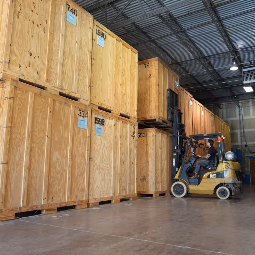A Leaders Moving & Storage Co. worker operates a forklift to stack wooden storage crates from a flooring support project in a warehouse